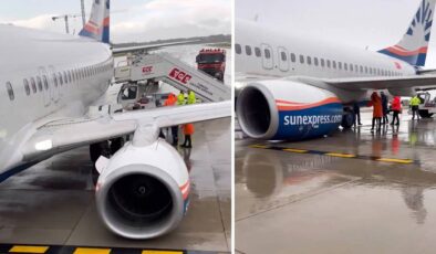 Antalya Havalimanı’nda faciadan dönüldü: Kalkışa hazırlanan Sun Express uçağının tekerlekleri koptu, kanadı delindi!