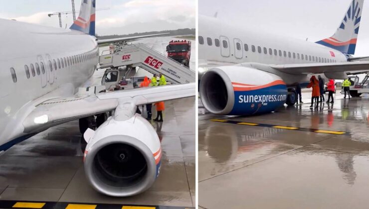 Antalya Havalimanı’nda faciadan dönüldü: Kalkışa hazırlanan Sun Express uçağının tekerlekleri koptu, kanadı delindi!